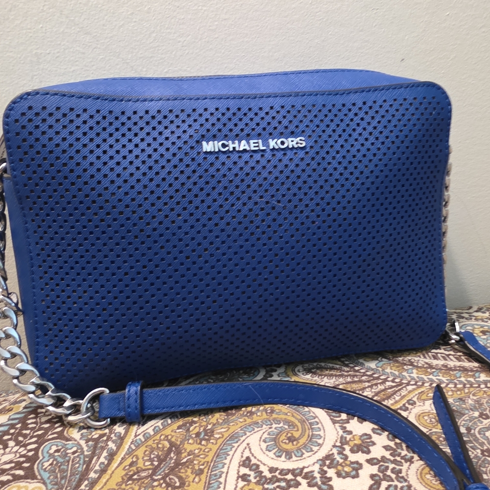 Michael Kors Blue Jet Set Travel Perforated-Leather Crossbody Bag W/ Silver